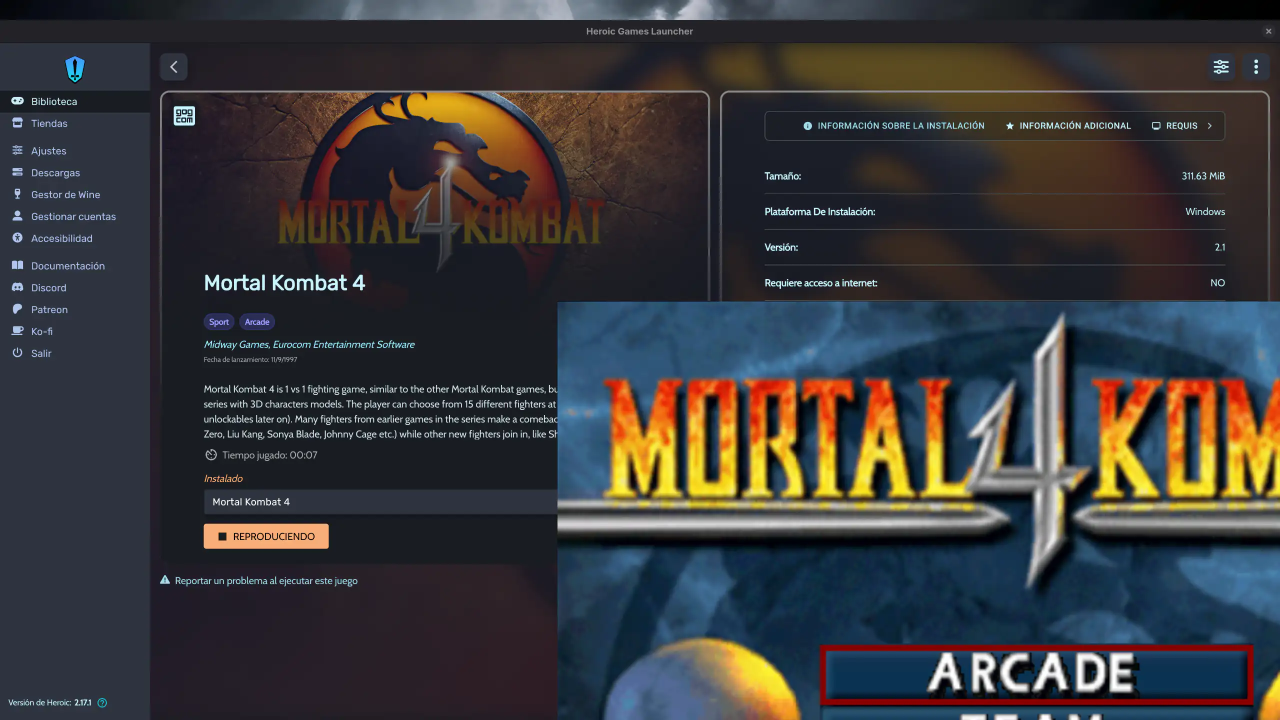 Mortal Kombat 4 descuadrado tras ser ejecutado de forma nativa sobre Wayland con el Proton de CachyOS